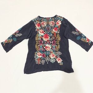 Johnny Was Emmaline Embroidered Floral Blouse Dark Gray